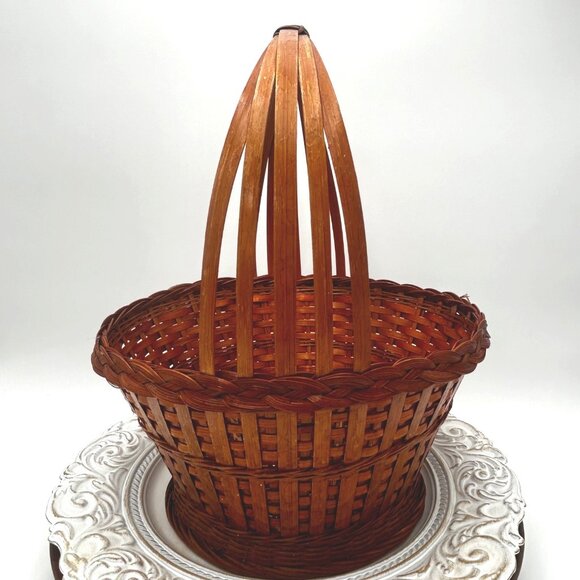Large Rich Deep Brown Woven Rattan Basket With Braided Rim for Storage Or Decor - Picture 2 of 9